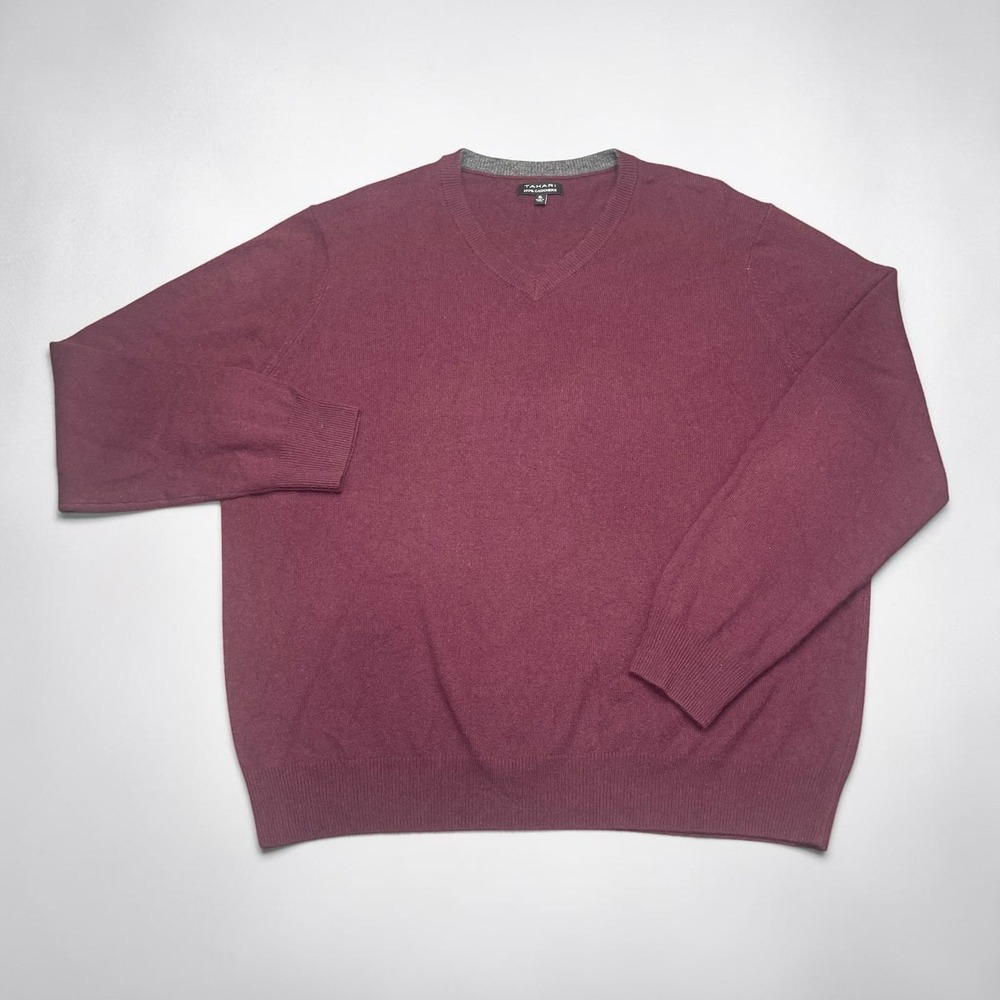 Tahari Mens 100% Cashmere V-Neck Sweater XL Burgundy Wine Red Knit Pullover